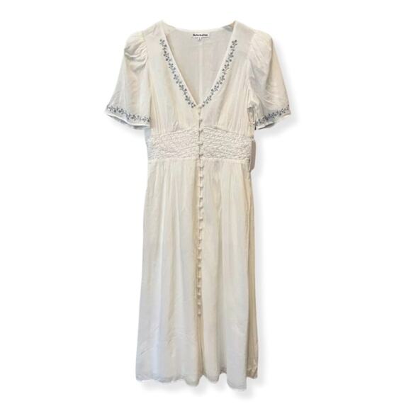 Reformation Midi Dress V Neck Full Button Embroidered Floral White Blue 4 NWOT - Picture 2 of 11
